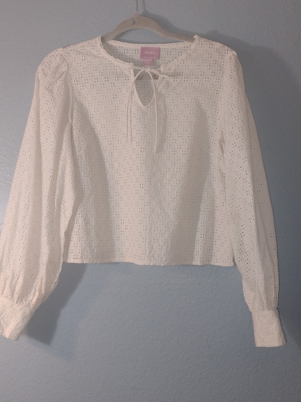 Muse Cream Eyelet Tie-Neck Long Sleeve Blouse